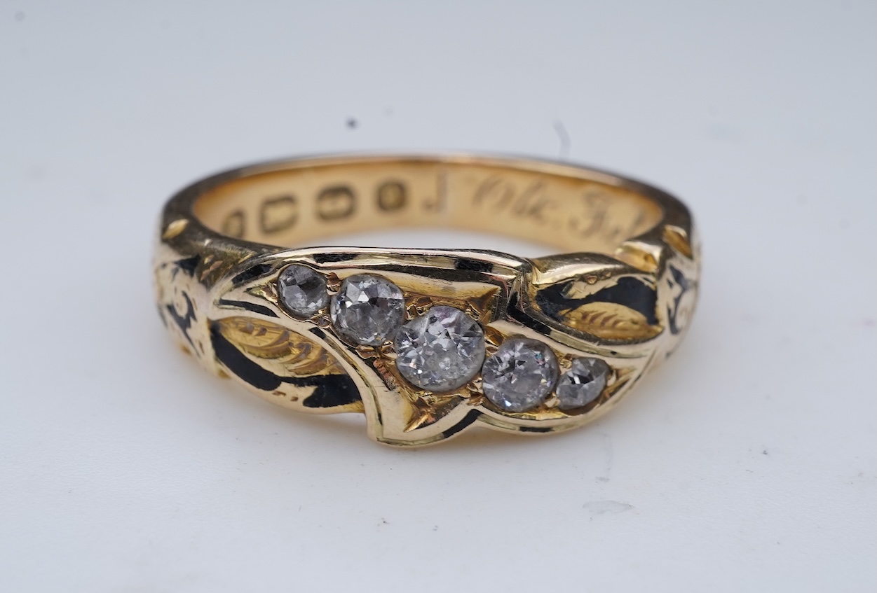 A Victorian enamel and diamond mourning ring, circa 1872
